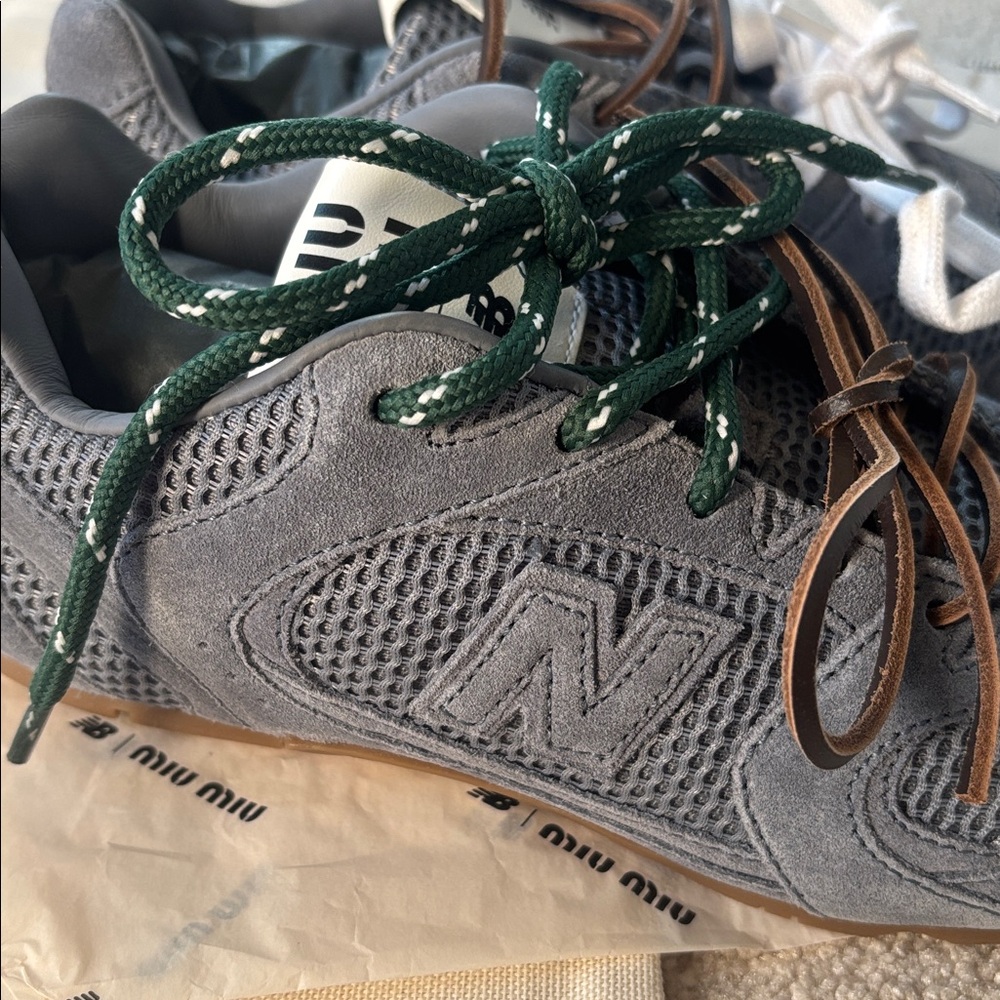 Miu Miu Gray Sneakers with Green and White Laces - Picture 8 of 9